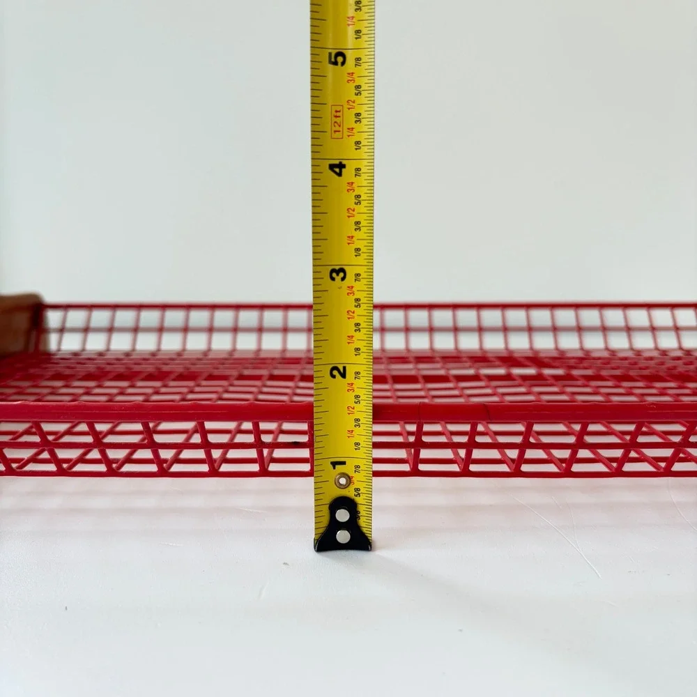 Vintage Red Wire Mesh Serving Tray Wooden Handles MCM Industrial Retro Grid